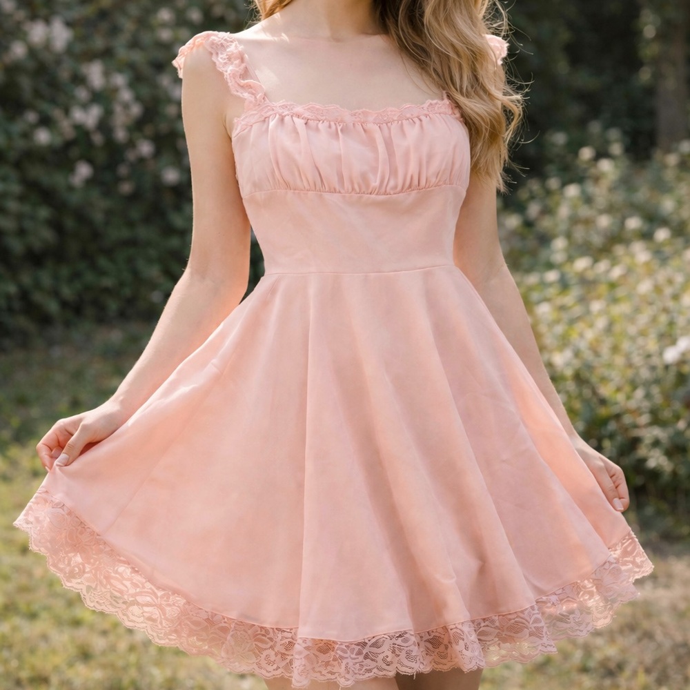 Fashion Nova Alexandria Lace Trim Mini Dress Pink Size L NWT Flowy Skater Party